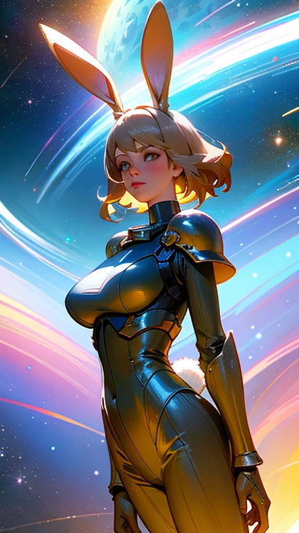 PM, (Purple Latex Suit:1), Golden Fringe Shorthair, Light brown eyes, 1girl in, 20yr old, Innocence, (Photorealsitic), (masterpiece, :1.3),(top-quality:1.4), (超A high resolution:1.2), 超A high resolution, (A detailed eye), (detailed facial features), nffsw, 8K分辨率, (lensflare:0.7),huge tit