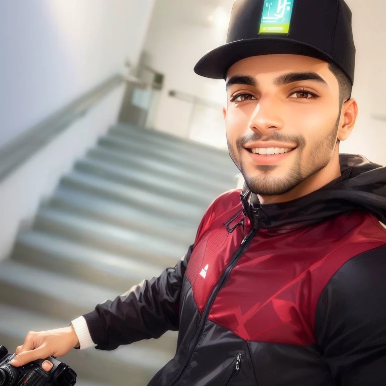 sharp man in black hat and red jacket holding a camera, ismail, Amr Elshamy, Mohamed Reda, emad mostaque, profile picture with headshot, Saadane AFIF, foto do perfil 1024px, hasan piker, Sam Nasour, Riyad Cassiem, Ahmed Merheb, muscle contraction coil / jogador ludwig