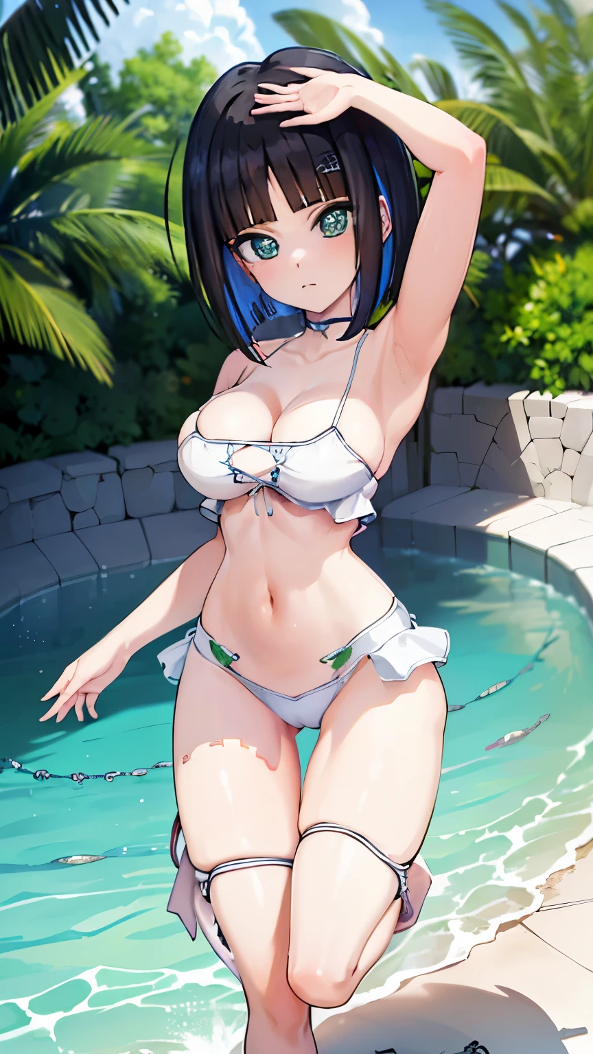 (High reality photograph, high resolusion, detailed face, detailed eyes), 1girl, (gaunt, short stature:1.4), 20 years old, white bikini, (micro bikini:1.5), cute face, , (showcasing cleavage:1.4), underboob, (cameltoe:1.3), (narrow waist:1.4), (thin legs:1.4), (large breasts:1.4), (emerald eyes:1.1), (cute eyes:1.4), (pale skin:1.4), (shiny skin:1.4), (armpit:1.3), (open legs:1.3), full body, poolside, erect nipples