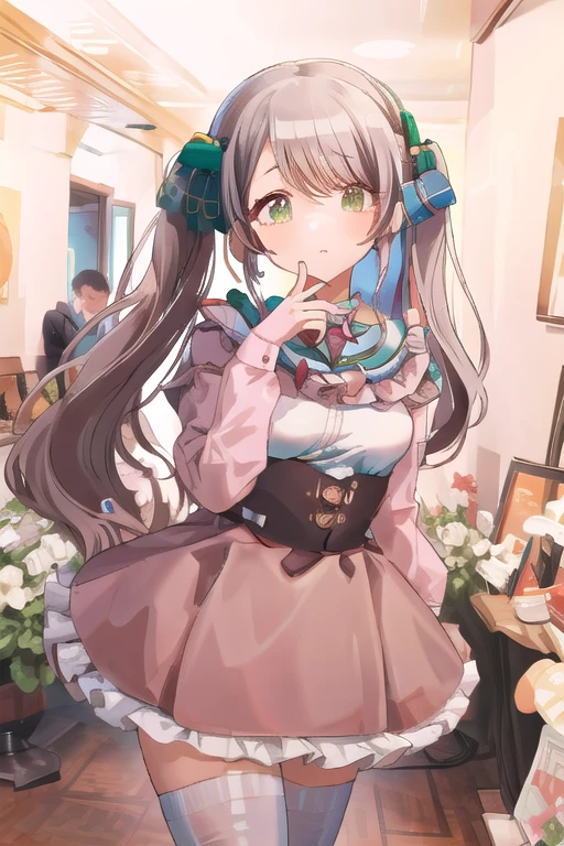 insanely detailed, absurdres, ultra-highres, ultra-detailed, best quality,
1 girl, solo, nice hands, perfect hands,
BREAK,large breasts,
puffy eyes,hair ribbon,
dynamic pose, cowboy shot, looking at viewer,
, kawaii, perfect symmetrical face, ultra cute girl, ultra cute face, ultra detailed eyes, ultra detailed hair, ultra cute, ultra beautiful,
by Canon EOS, SIGMA Art Lens 35mm F1.4, ISO 200 Shutter Speed 2000,
in cafe
BREAK,twin tails hair,coffeecup,
(silver medium hair, dark green eyes)