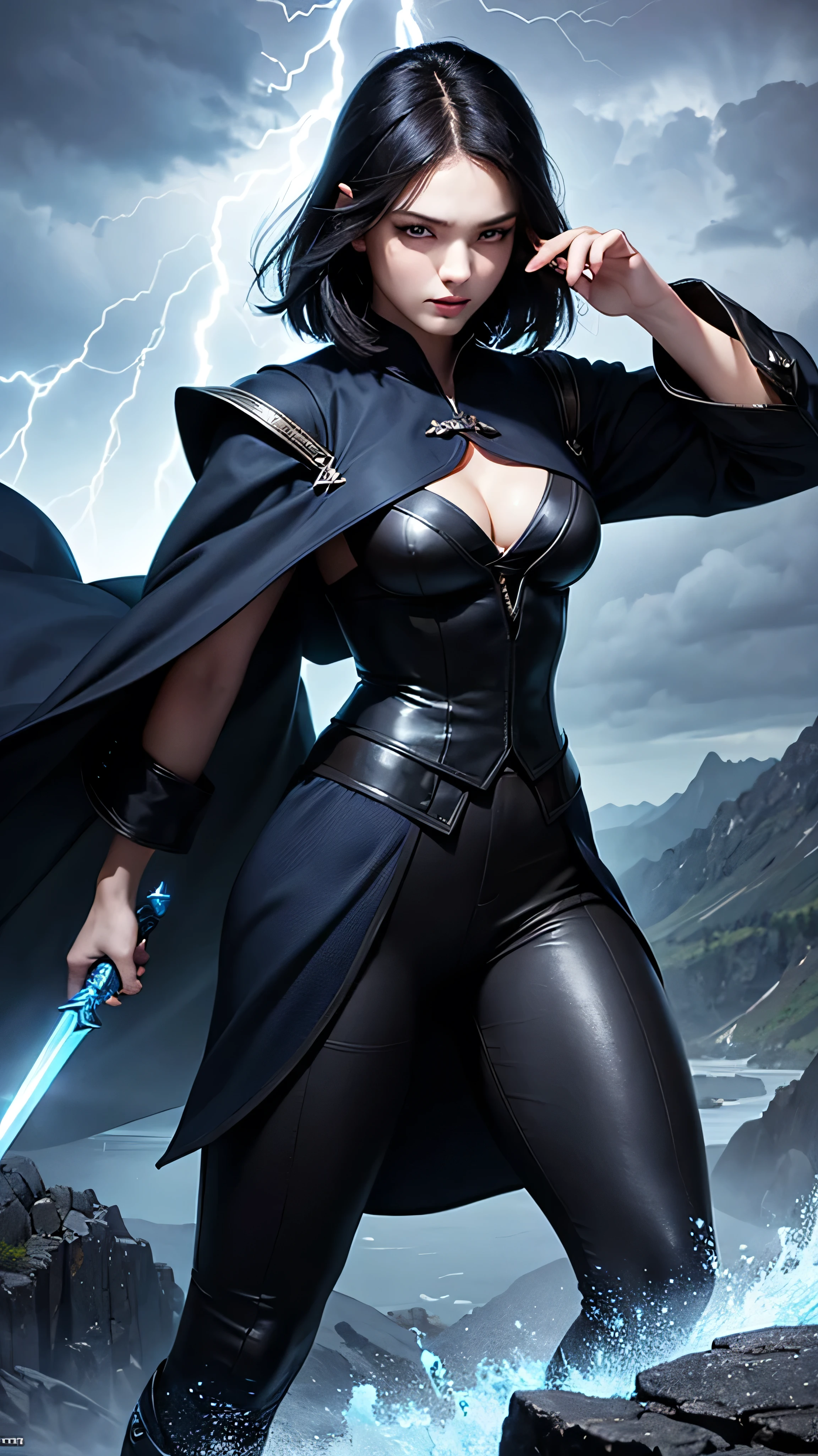 1girl, highly detailed, masterpiece, best quality, correct hands, short black hair, blue eyes, black robes, black pants, blue shirt, black vest, medium breasts, defined curves, smug look, satisfied look, mountain background, storm, lightning, holding a sword, staff, floating, stormy atmosphere, surrounded by lightning, 