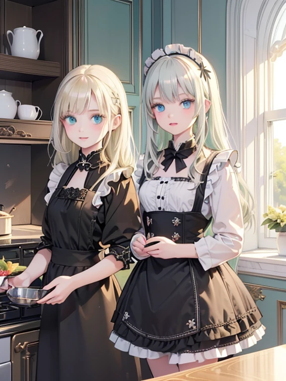 (8k, highest quality, Tabletop:1.2)、( 2 women, ( 14 years old, Detailed face, Green Eyes, Silver Hair, Black maid outfit ), (10 years old, Detailed face, blue eyes, Blonde, Black maid outfit ) ), Classical Western-style building, kitchen, Cooking