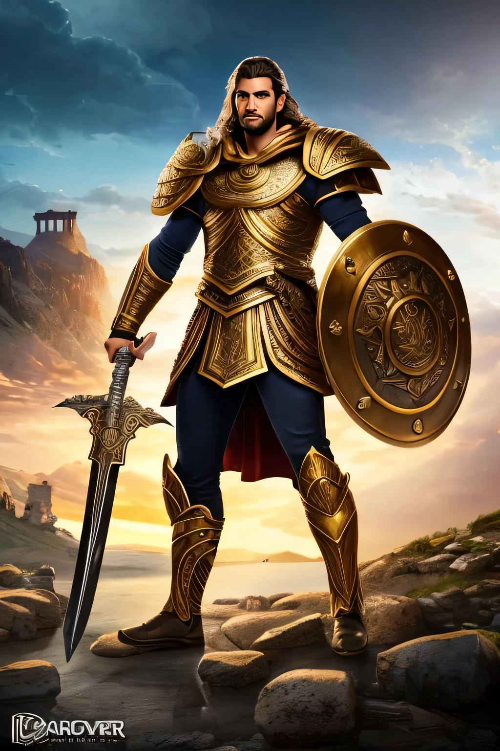 Create a dramatic portrait featuring Perseus from Greek mythology in high detail. Perseus should be portrayed as a valiant hero, with strong facial features and a determined look. His facial expression should reflect the courage and wisdom gained from his dangerous adventures.
Perseus wears classic Greek warrior clothing, including a shiny suit of armor, a helmet with a feather decoration on the top, and a cloak that flows behind him. In his hand, he holds the sword used to decapitate Medusa, with the blade gleaming and looking historic. In his other hand, he holds the light-reflecting Aegis shield, which is embellished with the Gorgon's face on its surface.
The backdrop for this portrait could be a dramatic view of the Greek landscape, such as rocky mountains, ancient temple ruins or an epic sunset sky. The dim sunlight or soft moonlight can add a magical and heroic atmosphere to the image. Be sure to add details such as the texture of armor, the shine of weapons, and vivid facial expressions, to bring Perseus, a legendary hero in Greek mythology, to life.