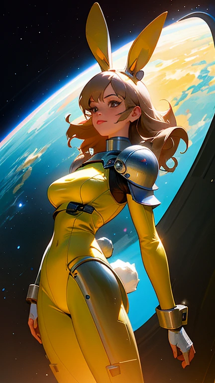 Cute rabbit wearing comic style clothes  ，gothic masterpiece，Gorgeous clothes，There is a drop shoulder，There is leakage on the chest，top quality, Ultra-high resolution, (Reality: 1.4), Jumpsuit, sci-fi space background, Large Breasts, Rear arm, real world, outdoor, Light hair, armor, knight,