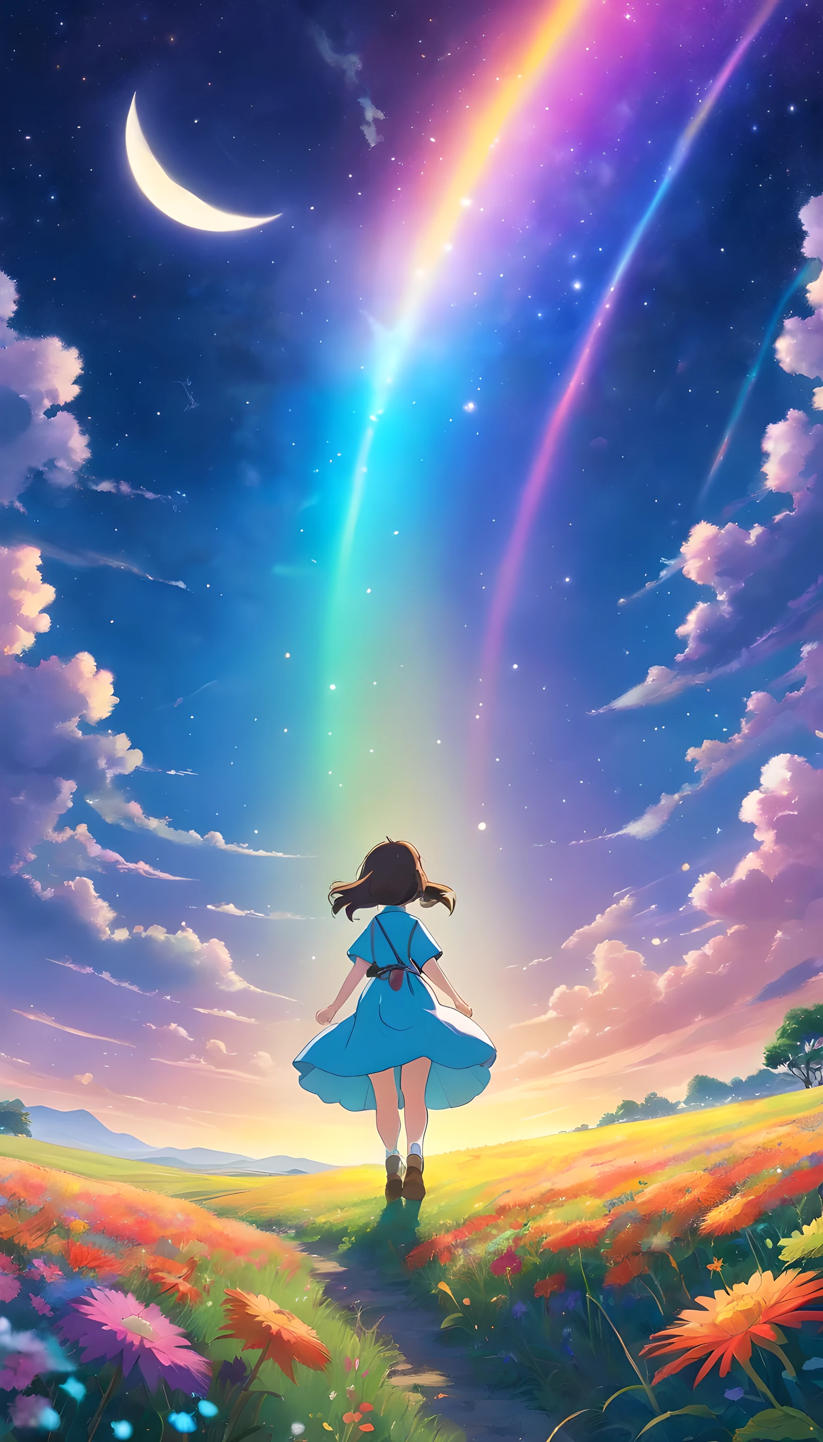 A wide landscape photo, (viewed from below, the sky is above, and the open field is below), a girl standing on a flower field looking up, (full moon: 1.2), (meteor: 0.9), (nebula: 1.3), distant mountains , Trees BREAK Crafting Art, (Warm Light: 1.2), (Firefly: 1.2), Lights, Lots of Purple and Orange, Intricate Details, Volumetric Lighting BREAK (Masterpiece: 1.2), (Best Quality), 4k, Ultra Detailed, (Dynamic Composition: 1.4), Rich in Detail and Color, (Rainbow Color: 1.2), (Glow, Atmospheric Lighting), Dreamy, Magical, (Solo: 1.2)