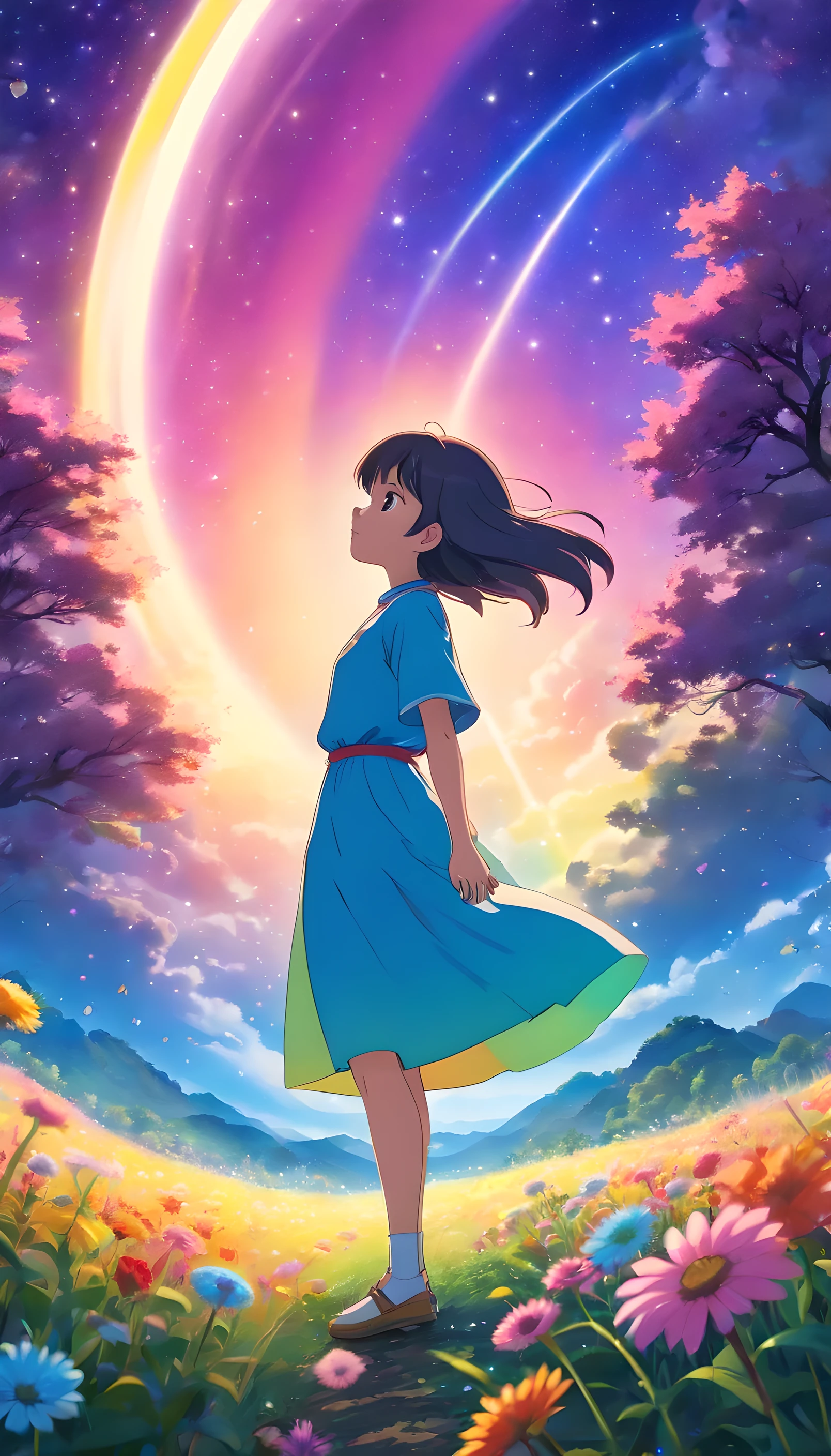 A wide landscape photo, (viewed from below, the sky is above, and the open field is below), a girl standing on a flower field looking up, (full moon: 1.2), (meteor: 0.9), (nebula: 1.3), distant mountains , Trees BREAK Crafting Art, (Warm Light: 1.2), (Firefly: 1.2), Lights, Lots of Purple and Orange, Intricate Details, Volumetric Lighting BREAK (Masterpiece: 1.2), (Best Quality), 4k, Ultra Detailed, (Dynamic Composition: 1.4), Rich in Detail and Color, (Rainbow Color: 1.2), (Glow, Atmospheric Lighting), Dreamy, Magical, (Solo: 1.2)