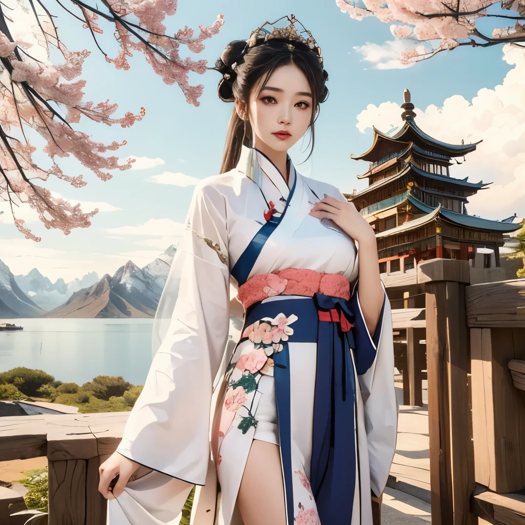 There is a blue sky, White clouds and mountains in the distance、tower,Pink flowers,Cherry tree,Hanfu woman,Phoenix crown tiara、fine embroidery、Wear Hanfu pantyhose、Hanfu、Wear long-sleeved Hanfu、Transparent and clear、Raw,(8k、top quality、masterpiece:1.8)、(复杂的detail:1.8)、(Reality:1.8)、Octane Rendering、具有超detail的复杂 3D 渲染, Studio soft light, Side light, vivid details, 超级detail, Realistic skin texture, detail, beautiful eyes, Highly detailed CG Unity 16k wallpaper, cosmetic, (Detailed background:2.0), Clear fingers,Beautiful fingers,