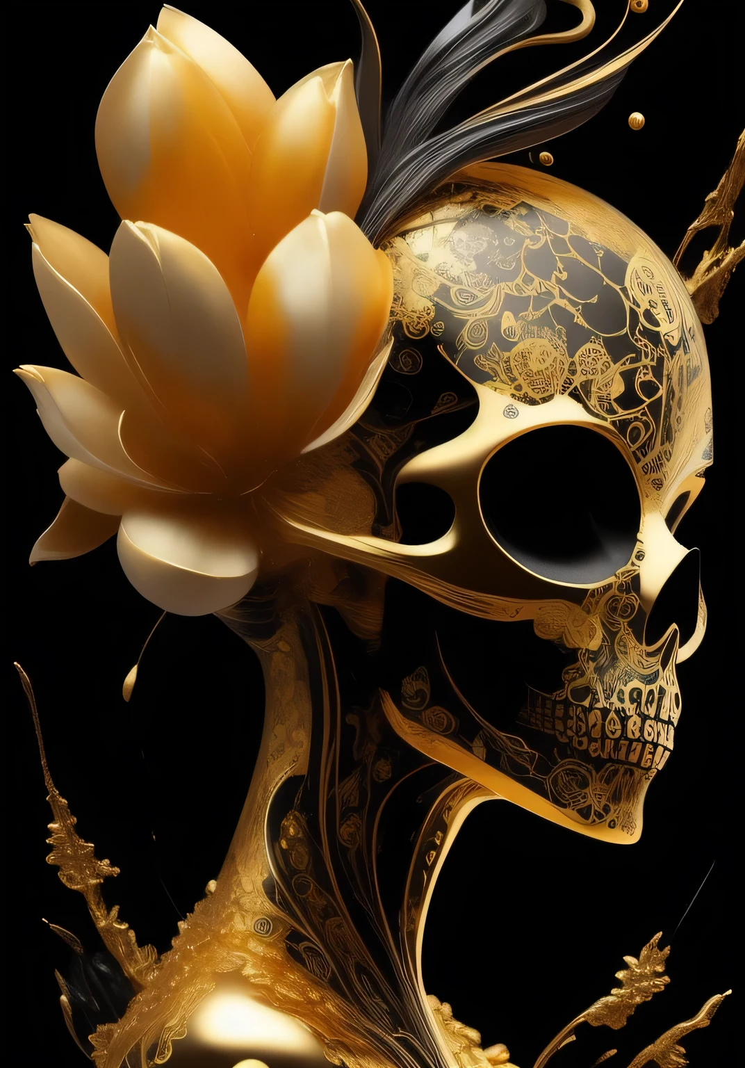 3/4 side view gold marble 8k skull with gold filigree inlay surrounded by black tulips model made of Hiroaki Takahashi art ultra perfect composition 3d liquid detailing fluid acrylic by Greg Tocchini, James Gilleard, Joe Fenton Kaethe, Butcher Bosch, Dan Mumford, Kandinsky art style [collage] [splatter] [streak] [crop] [cut]