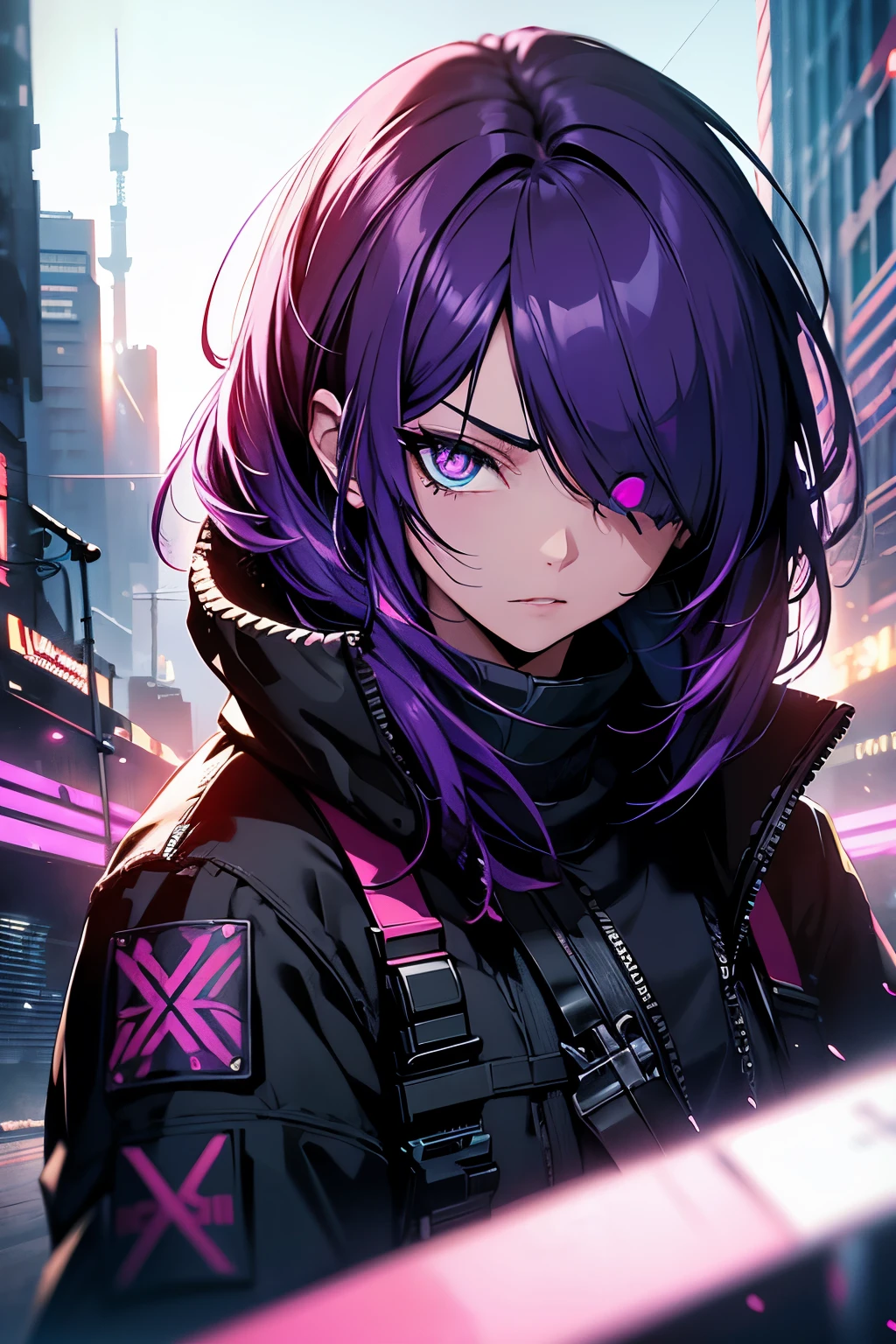 Wearing cyberpunk complex streetwear, beautiful, girl, detailed portrait, 4 K, bright colors, concept art, cinematic dramatic atmosphere, sharp focus, volumetric lighting, cinematic lighting, studio quality, long fringe above one eye, cold  purple eye tones, brightfull eyes,