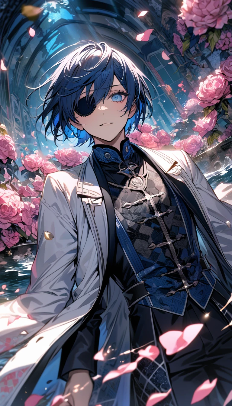 Ultra detailed, Highres, absurdres, HDR, Ciel Phantomhive, blue short hair, black eye patch, expressive blue eye, white long coat with patterns, Kuroshitsuji, pink flowers, petals, handsome, man, solo, very detailed eyes and face, water, pink butterflies, black tight t-shirt, master piece, Black Butler,