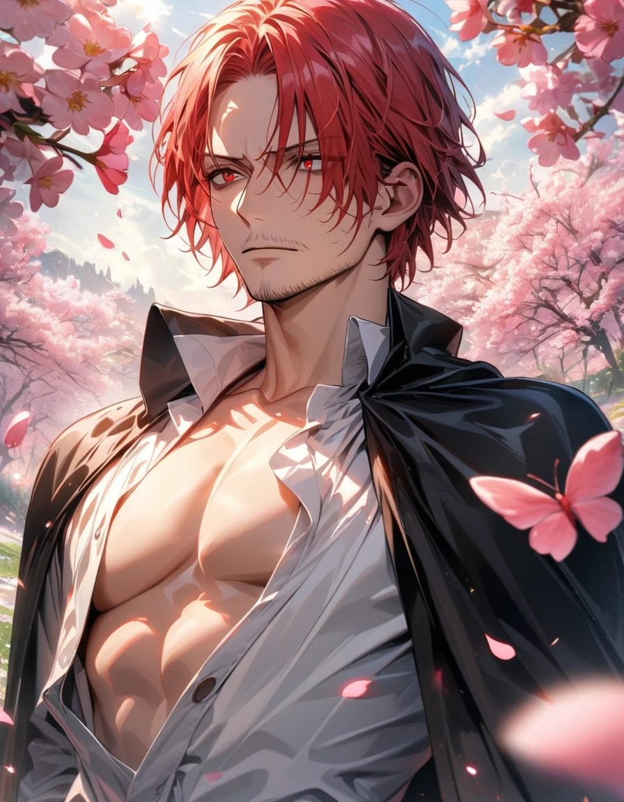 absurdres, highres, ultra detailed, HDR, masterpiece, extremely detailed face and eyes, Shanks, red hair, expressive red eyes, One Piece, solo, man, handsome, black cape, white shirt, showing the chest, blossoms, spring, pink butterflies, pink petals, pink flowers