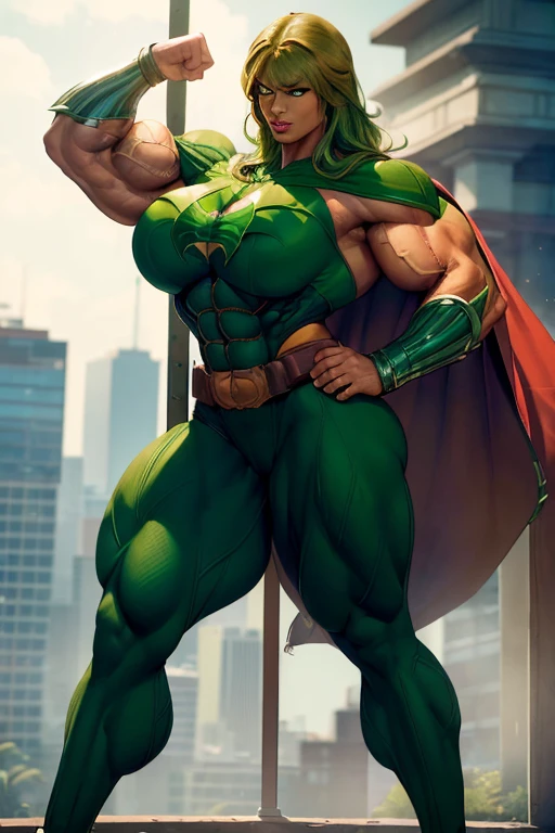 ((((Massive, tall, beautiful, buff, brown skinned muscular woman with green hair, ginormous bulky muscles and wearing a green Batgirl suit with a cape and tight pants)))), (close view), vascular body, massive muscles, massive biceps, hyper muscle triceps, (long curvy hair), orange eyes, black gloves, spiked gauntlets, high heels boots, city, at night, smirk, hyper muscles arms, hyper muscle legs, massively buff arms.