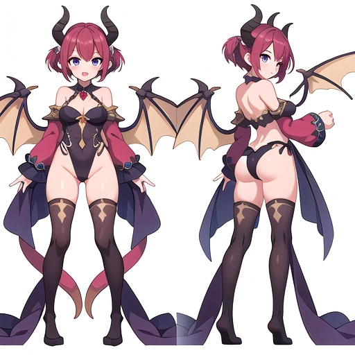 masterpiece, best quality, cute eyes, 1girl, solo, high fantasy costume, ((white background)), full body, multiple views, leotard, succubus, dragon horn, 
