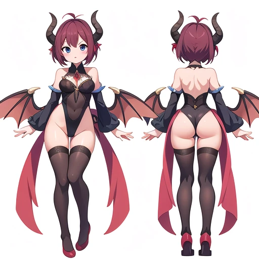 masterpiece, best quality, cute eyes, 1girl, solo, high fantasy costume, ((white background)), full body, multiple views, leotard, succubus, dragon horn, 
