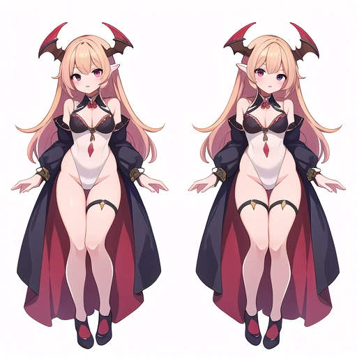 masterpiece, best quality, cute eyes, 1girl, solo, high fantasy costume, ((white background)), full body, multiple views, leotard, succubus, dragon horn, bra,