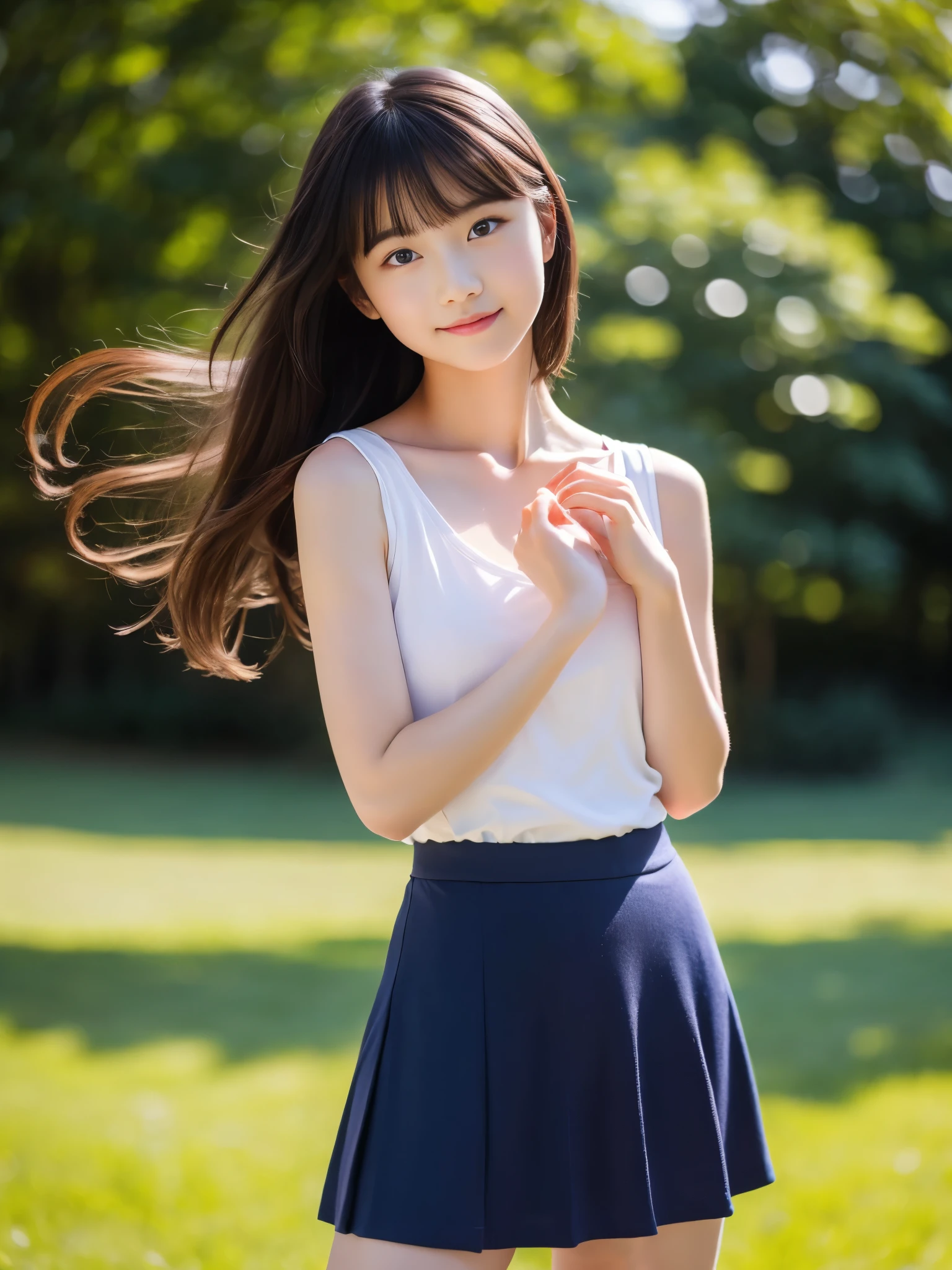 (masterpiece, highest quality:1.4), Award-winning portraits, 8k, 85mm, alone, Beautiful Face, Delicate girl,  (Cheerleader、On the grass), Sophisticated, cute, , RAW Photos, Confused, High resolution, Sharp focus, Background blur、(((Flat  、thin and delicate body、Childish atmosphere)))、shiny semi-long hair、ponytail、Mole on the left cheek、 Dark blue eyes、High Kick、the skirt is swaying in the wind、Hair swaying in the wind、sexy、Flexible legs