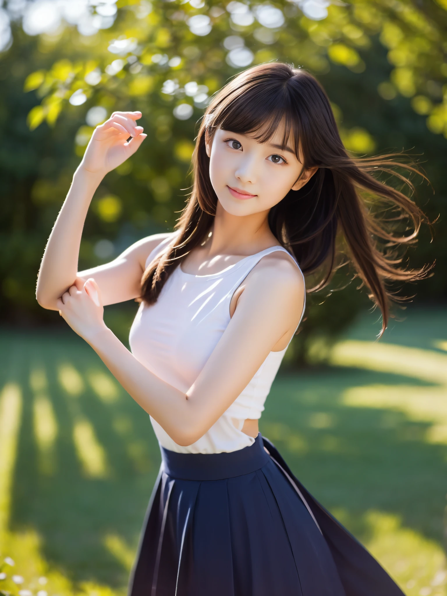 (masterpiece, highest quality:1.4), Award-winning portraits, 8k, 85mm, alone, Beautiful Face, Delicate girl,  (Cheerleader、On the grass), Sophisticated, cute, , RAW Photos, Confused, High resolution, Sharp focus, Background blur、(((Flat  、thin and delicate body、Childish atmosphere)))、shiny semi-long hair、ponytail、Mole on the left cheek、 Dark blue eyes、High Kick、the skirt is swaying in the wind、Hair swaying in the wind、sexy、Flexible legs