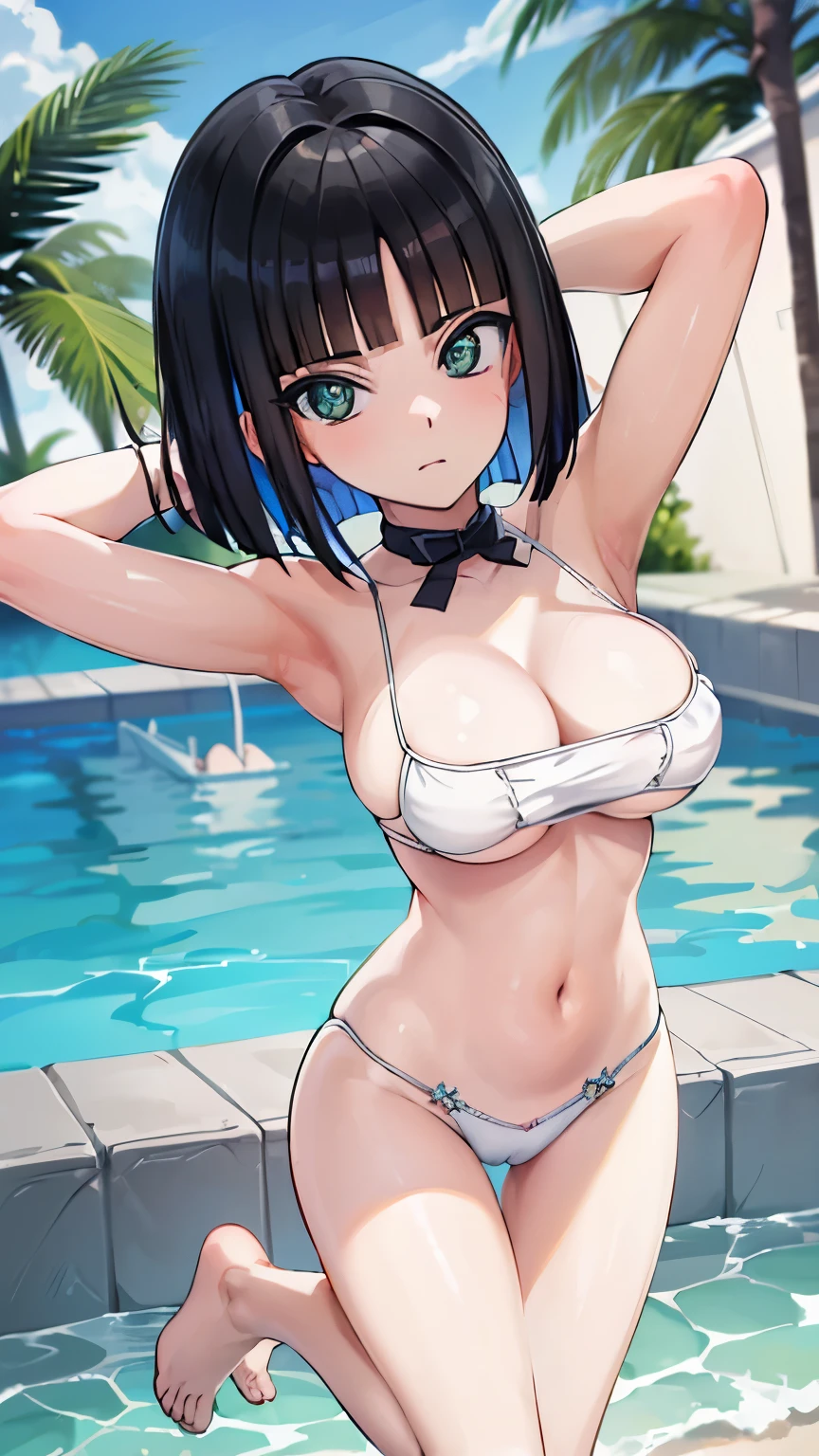 (High reality photograph, high resolusion, detailed face, detailed eyes), 1girl, (gaunt, short stature:1.5), 20 years old, white bikini, (micro bikini:1.6), cute face, , (showcasing cleavage, underboob:1.5), (cameltoe:1.3), (narrow waist:1.4), (thin legs:1.4), (large breasts:1.5), (emerald eyes:1.1), (cute eyes:1.4), (pale skin:1.4), (shiny skin:1.4), (armpit:1.3), (open legs:1.4), (groin:1.1), (full body:1.1), poolside, erect nipples