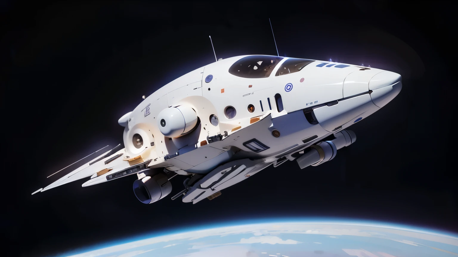 Design a background image,Spaceship as the main body,Incorporating innovative icons、Circuit Diagram、Technology equipment and space exploration elements。Bright and modern colours,Emphasize a sense of technology,Such as blue、Purple and silver。Adding abstract shapes、Lighting effects and motion graphics,4K, Ultra-clear。