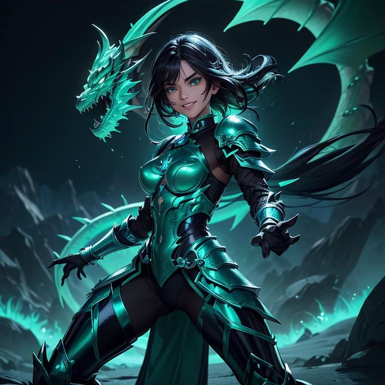 A girl, fierce expression, ((blue and green aura around her, malevolent energy)), wearing, ((zodiac hairdresser, dragon armor)), ((shiny jade armor:1.2)), ((Poses in movement:1.4)), (full body), China, walls, landscape destruction, detailed scenery, the girl has (Messy hair, shiny black hair:1.2), (Beautiful and detailed face with perfect symmetry), (Beautiful green eyes and detailed), (soft open lips, smile, teeth:1.2), (body with perfect anatomy, perfect natural texture, high details, glowing skin) cinematic lighting, vivid colors, detailed illustration, depth of field.