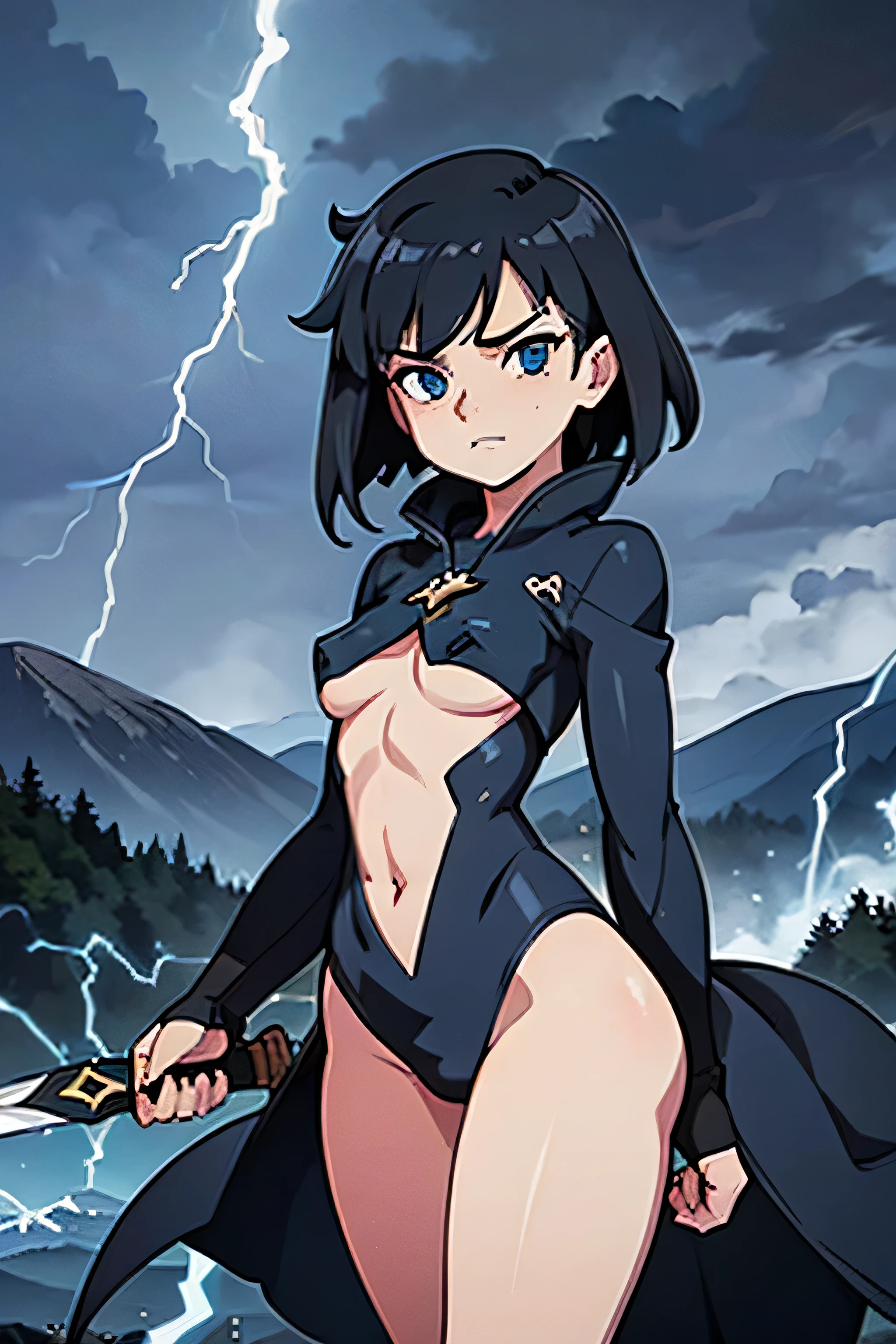 1girl, highly detailed, masterpiece, best quality, correct hands, small breasts, short black hair, blue eyes, defined curves, smug look, satisfied look, mountain background, storm, lightning, stormy atmosphere, flying, floating above the ground, surrounded by lightning, static sparks, holding a sword