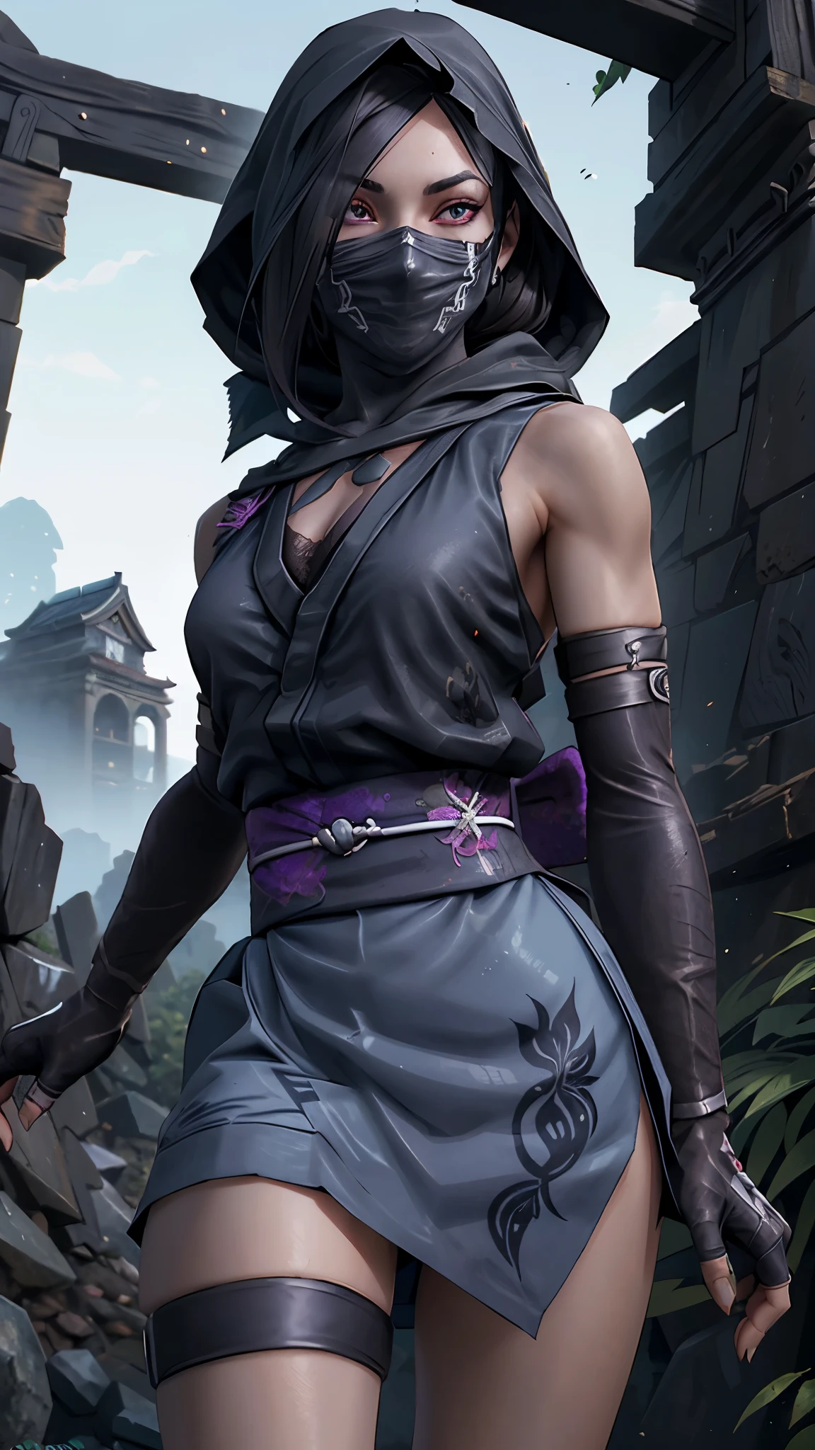 (La mejor calidad,A high resolution,Ultra - detallado,actual),Ariana Grande mosu ninja,1girl,solo,standing,cowboy shot,black hair,brown eyes,hair over one eye,eyeshadow,purple eyeshadow,breasts,small breasts,bare shoulders,mask,mouth mask,covered mouth,ninja mask,japanese clothes,kimono,short kimono,obi,elbow gloves,fingerless gloves,gloves,hood,skirt,sandals,socks,black legwear,toes,thigh strap,forest,tree,,(Fondo de ruinas de mazmorra en ruinas:1.4 ), (perfect anatomy :1.4), (Mosu Ninja :1.4), (Mosu Ninja V2.1), More detailed 8K.motor irreal:1.4,UHD,La mejor calidad:1.4, fotorrealista:1.4, textura de la piel:1.4, obra maestra:1.8,obra-prima, mejor calidad,objeto Objeto], (detailed face features:1.3),(Las proporciones correctas),(Ojos hermosos :1.4),  (pose vaquero), (face detailed :1.4), ,(Fondo de ruinas de mazmorra en ruinas piedras grandes :1.4 ), (japanese kimono white :1.4), (colores brillantes) 