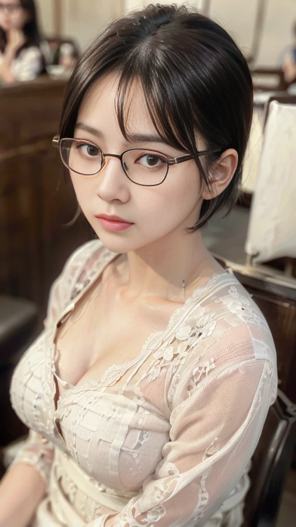 ((artwork、highest quality、Very detailed、High resolution、Realistic、Sharp focus、Cinema Lighting))、(1 girl)、one-shot, Not a failure、Beautiful Face、Realistic Face、(Black Hair、Boys Short Hair、Cut Style、cut out)、Beautiful hairstyle、Realistic eyes、Beautiful and beautiful eyes、Realistic Skin、Beautiful Skin、Capue Organized、charm、Golden Ratio、(Glasses:1.3)