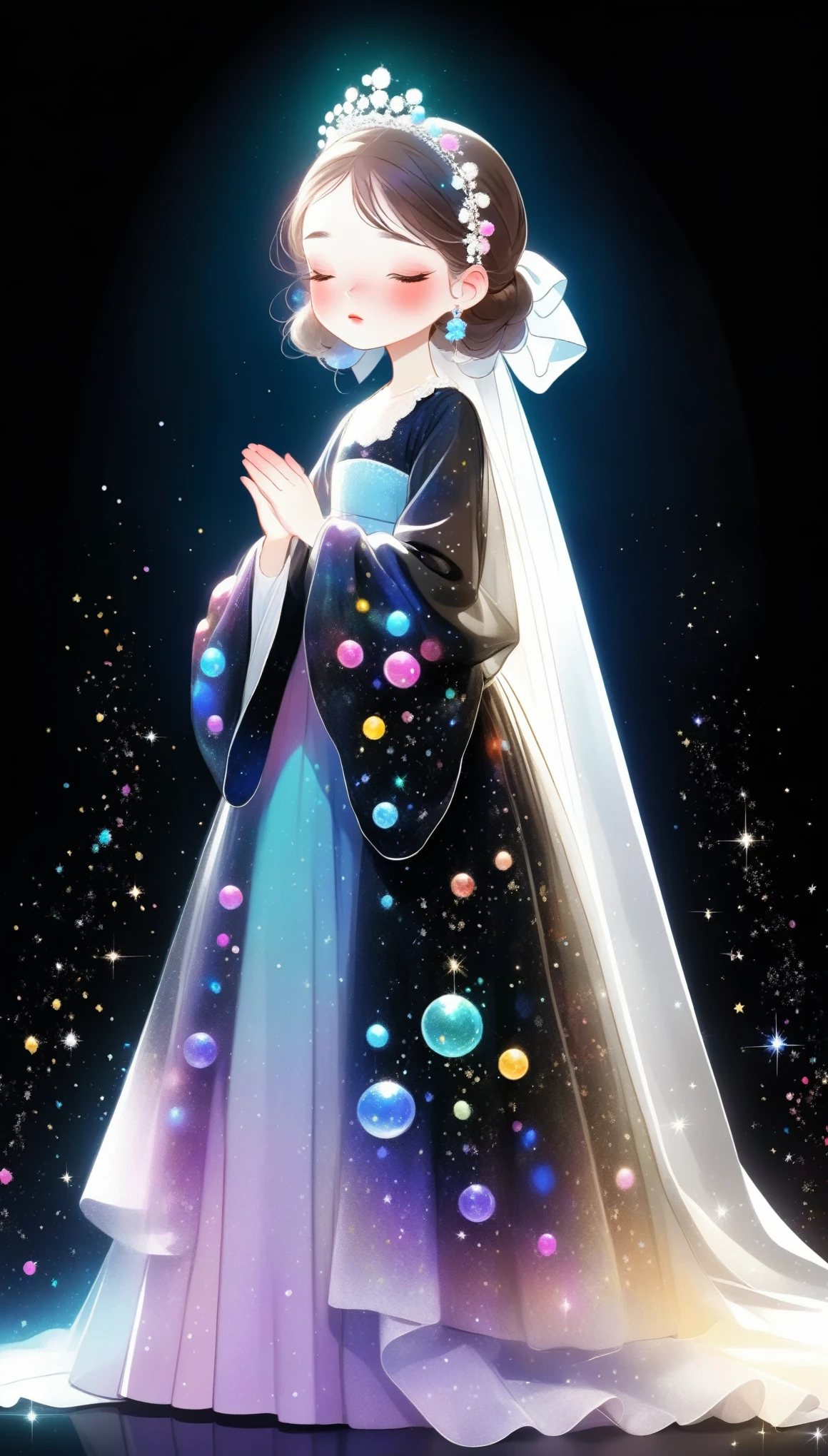 A woman in a long dress and tiable standing in front of bubbles - SeaArt AI