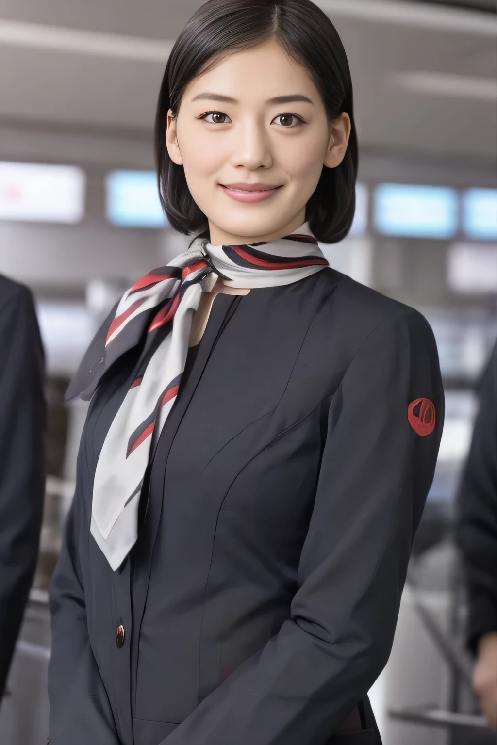 (masterpiece:1.2、highest quality:1.2)、32K HDR、High resolution、(alone、1 girl、Slim figure)、（A realistic style wearing the JAL cabincrew uniform）、 (At the airport counter, Professional Lighting)、A proper woman, Beautiful Face,、（Black JAL cabincrew uniform）、（Long sleeve JAL cabin crew uniform）、（Scarf around the neck）、Big Breasts、（Long hair updo、Chignon）、Dark brown hair、Long Shot、（（Fine hand：2.0））、（（Harmonious body proportions：1.5））、（（Normal limbs：2.0））、（（Normal finger：2.0））、（（Delicate eyes：2.0））、（（Normal eyes：2.0））)、Beautiful standing posture、smile