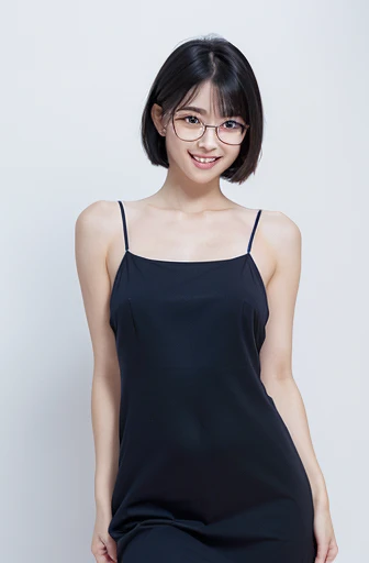 (masterpiece), (8k, best quality, high resolution), (ultra-detailed, realistic), (anatomically correct),
((from head to thighs)), (Standing), (No background),
(1woman), (looking at viewer), (pull the dress up to the navel),
(A Japanese woman, 30 years old and 155cm tall),
(black hair), (straight hair), (short hair style), ((bob cut)), (hair behind ears),
(wear glasses), ((black cell frame glasses)),
((Wear a navy blue spaghetti strap dress)), ((Mini length dress with a simple design and minimal decoration)),
(wear panties), ((white panties)),
(Create a detailed image of the eye),
(Her impression is pure, clean and kind.),
((A captivating smile, just showing a few teeth.)),