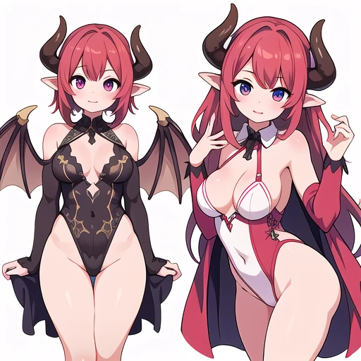 masterpiece, best quality, cute eyes, 1girl, solo, high fantasy costume, ((white background)), full body, multiple views, leotard, succubus, dragon horn, lingerie,
