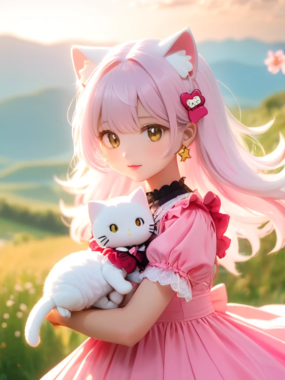 (best quality,4k,8k,highres,masterpiece:1.2), ultra-detailed, (realistic,photorealistic,photo-realistic:1.37), HDR, UHD, studio lighting, extreme detail description, professional, vivid colors, bokeh, portraits, long white hair, black eyes, yellow nose, whiskers, beautiful detailed eyes, beautiful detailed lips, extremely detailed eyes and face, long eyelashes, 1girl, pink lolita dress, short sleeves, star pink earrings, white cat tail, holding hello kitty doll, cat ears, landscape, soft color tones, natural lighting, vibrant background, joyful expression.

Notice：This is just an example Prompt，You need to generate the appropriate prompt based on the theme。