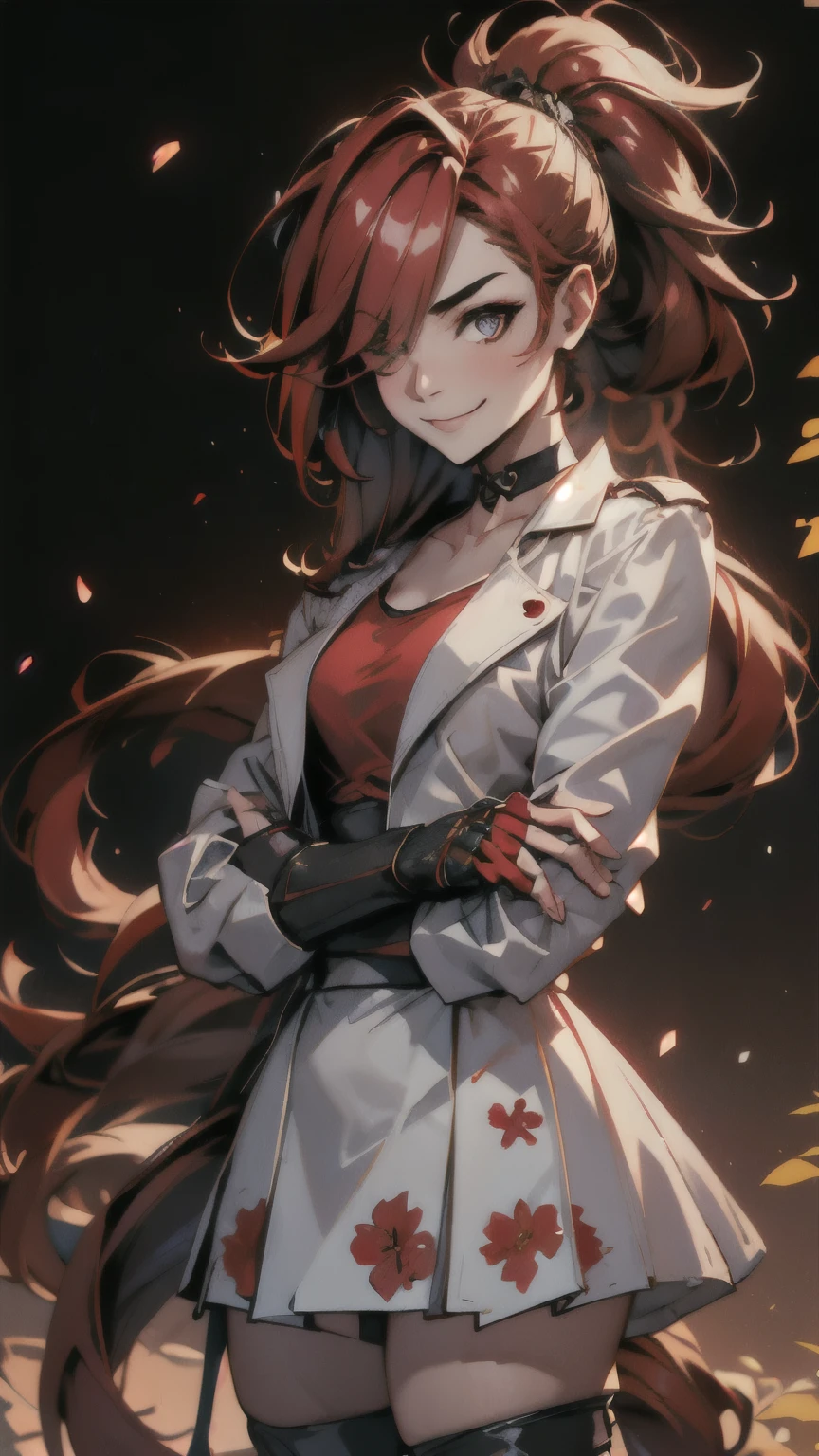 (best quality:1.2),solo,1girl,mdrin,smile,looking at viewer,crossed arms,ponytail,v-shaped eyebrows,white jacket,red shirt,fingerless gloves,black skirt,choker,illustration,floral garden background,warm color tones,soft lighting, Hair over one eye, ultra long hair, standing on hooftop, long boots, hair above one eye, 