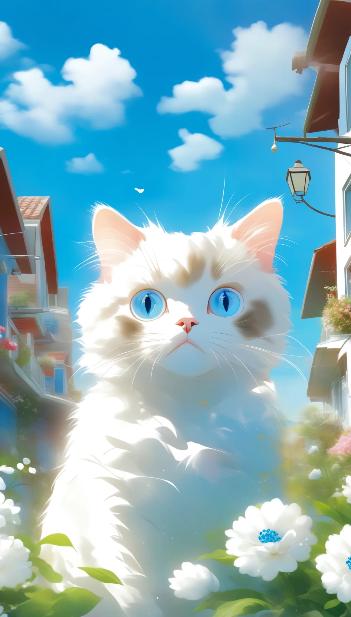 looking_at_viewer, blue_eyes, flower, outdoors, sky, day, cloud, blue_sky, no_humans, animal, cat, white_flower, realistic, animal_focus, white_cat