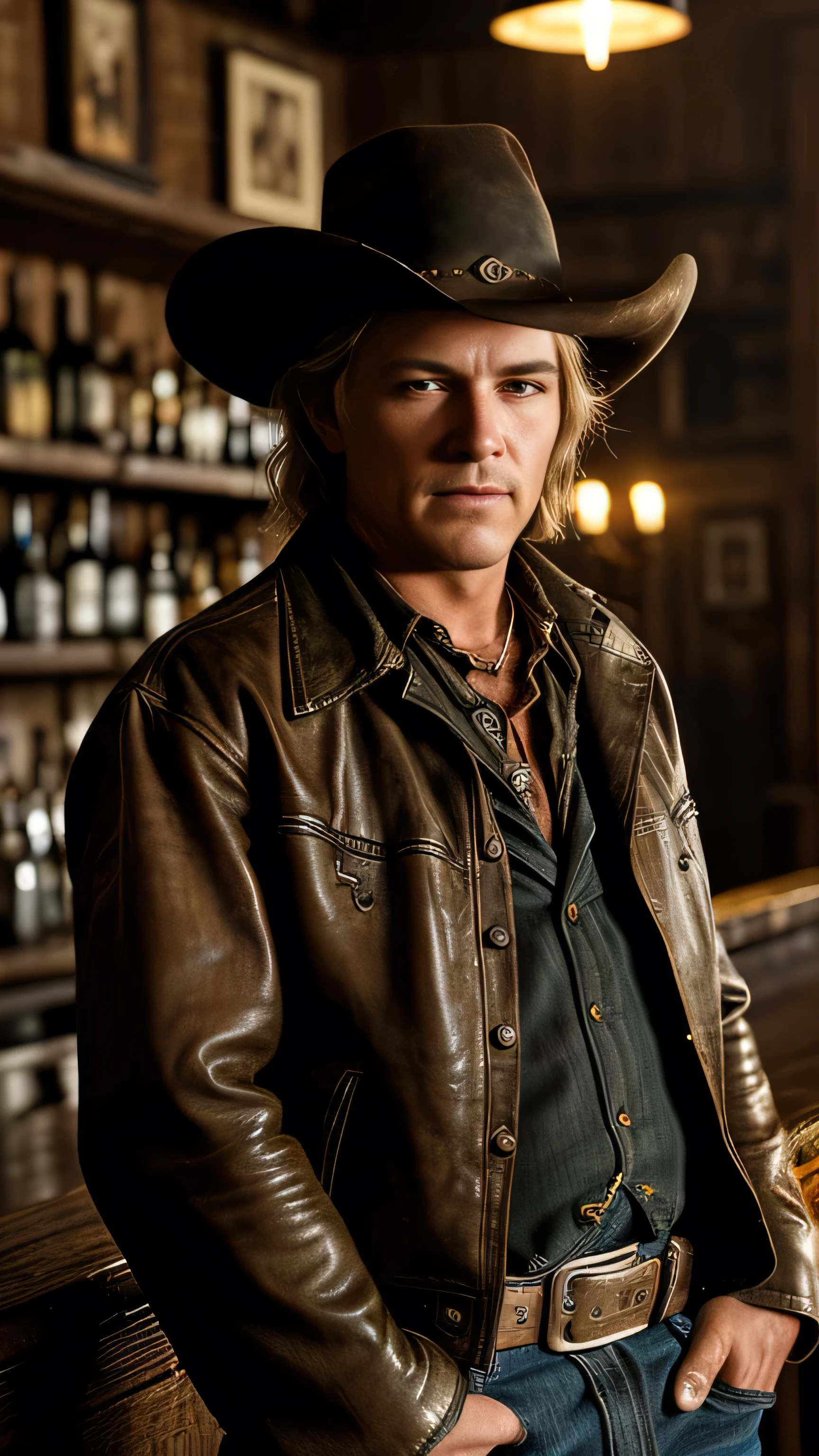 A high-definition scene from a movie, reminiscent of an Old West setting, portrays the legendary outlaw Billy the Kid standing boldly in a dimly lit bar. With a smirk on his face, he casually holds a gun in each hand, aimed directly at the camera, exuding an aura of both menace and charisma. The image, captured in the highest quality, showcases intricate details on his weathered leather jacket, the dusty saloon ambiance, and the cold, steel gleam of his handguns. This remarkable image, full of cinematic drama, is a testament to the masterful artistry of modern filmmaking.