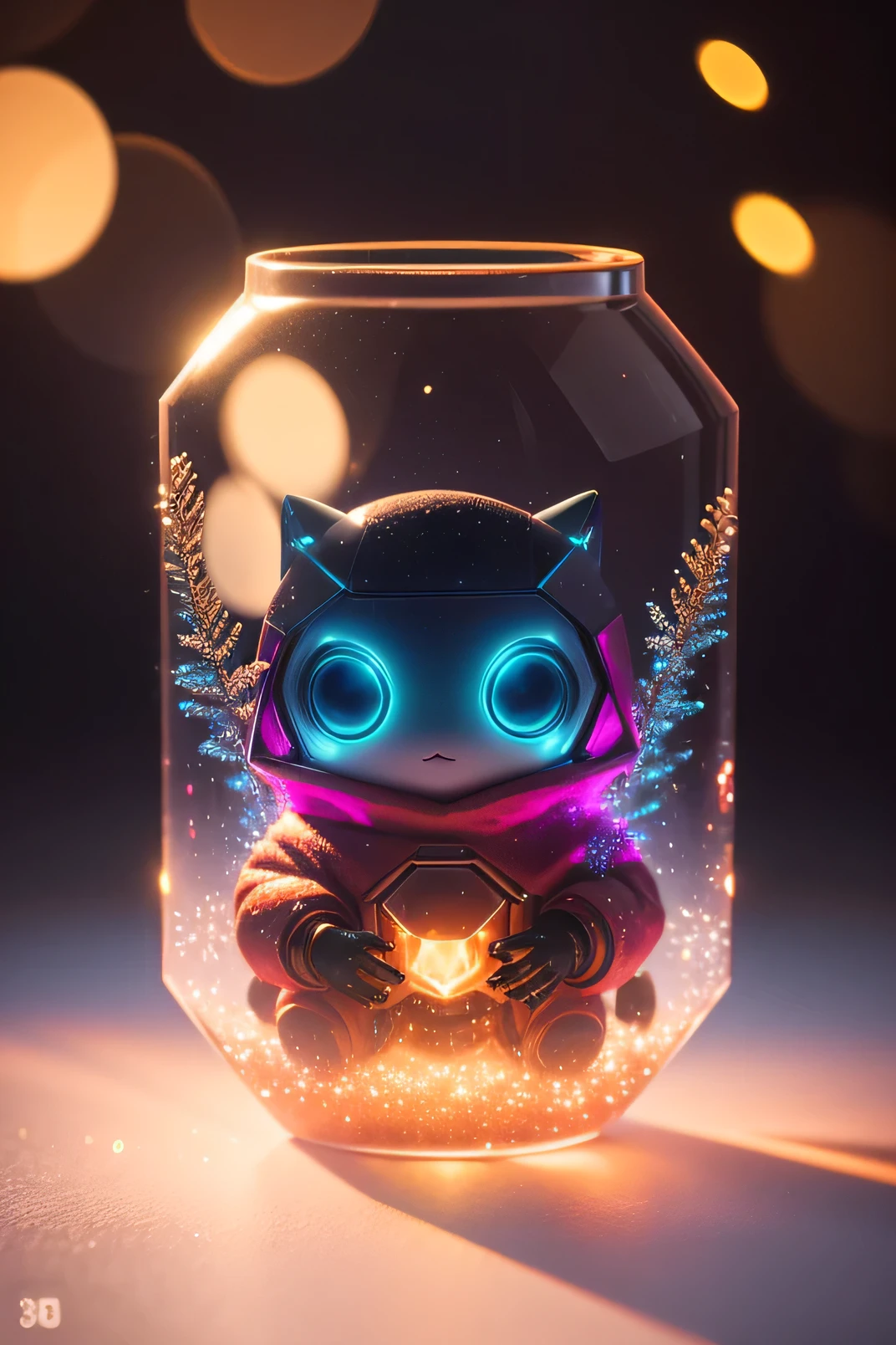 Anthropomorphic Translucent cute alien robot discovering a colossal red crystal heart beneath a festively adorned Christmas tree, surrounded by glowing snowflakes casting vibrant reflections, captured with stunning visual clarity and a broken glass effect, incorporating volumetric light, auras, and vivid color reflections, hyper-realistic, intense colors, aperture with a 30mm lens at 1/250s, f/2.8, ISO 1000, 8k resolution, featuring iridescent and fraktal