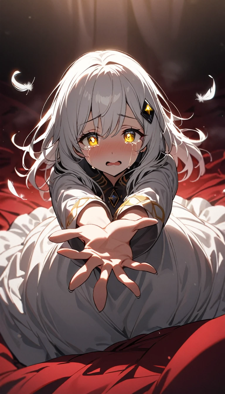 A woman, flowing white hair, melancholy eyes, yellow pupils, black diamond-shaped hairpin, Tiny feathers are dancing, crying, arm support, arms up, incoming hug, pov, reaching, reaching towards viewer, looking at viewer, She is sitting on a super huge red silk soft duvet