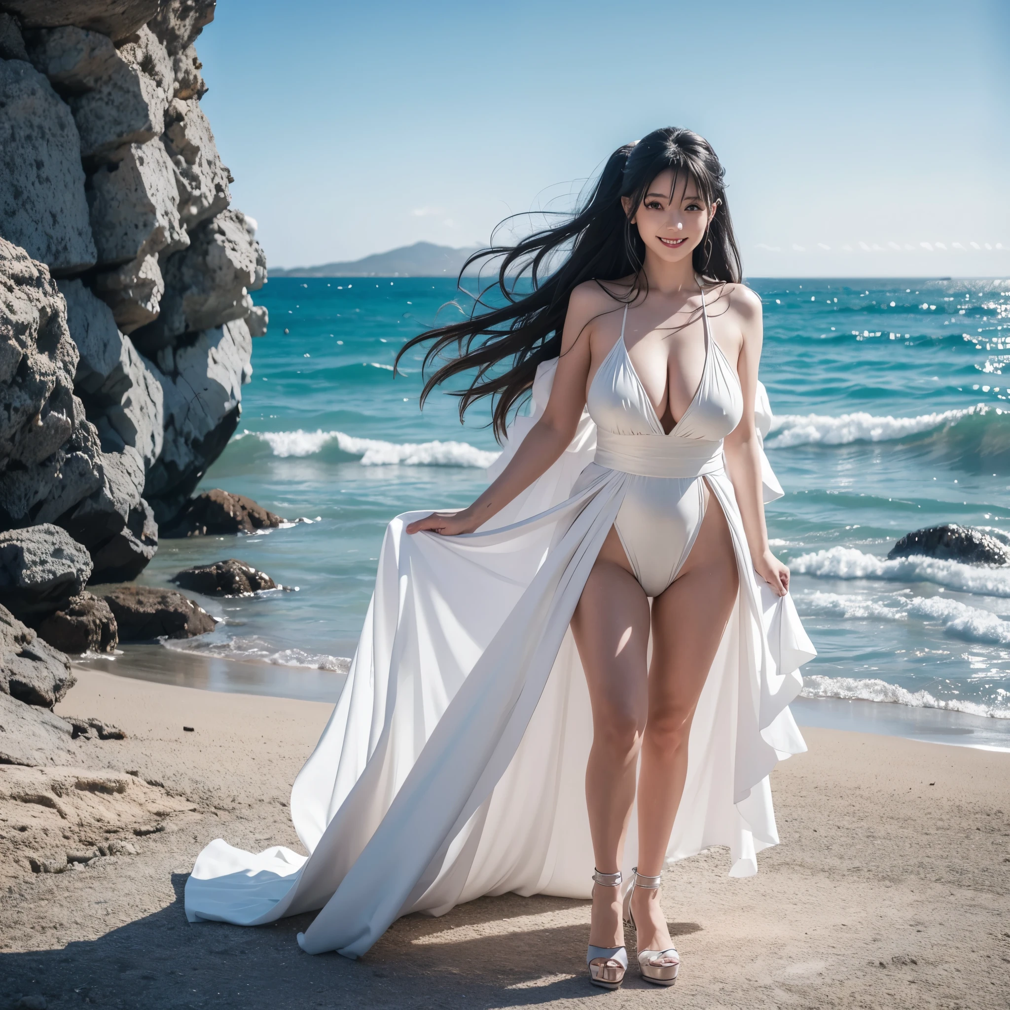 A woman mature wearing a long white dress, dress with silver accessories, long white socks, silver heels, walking on a shiny white floor platform, white piles around, view of the sea in the background, full body,body wet, long black hair, ahoge hair, flowers silver hair, smiling, bright red eyes, big breasts,Surrealism, anaglyph, stereogram, tachi-e, pov, atmospheric perspective, high detail, Luminism, Hyperrealism, sparkle, 8k, super detail, ccurate, best quality, highres, award winning, anatomically correct
