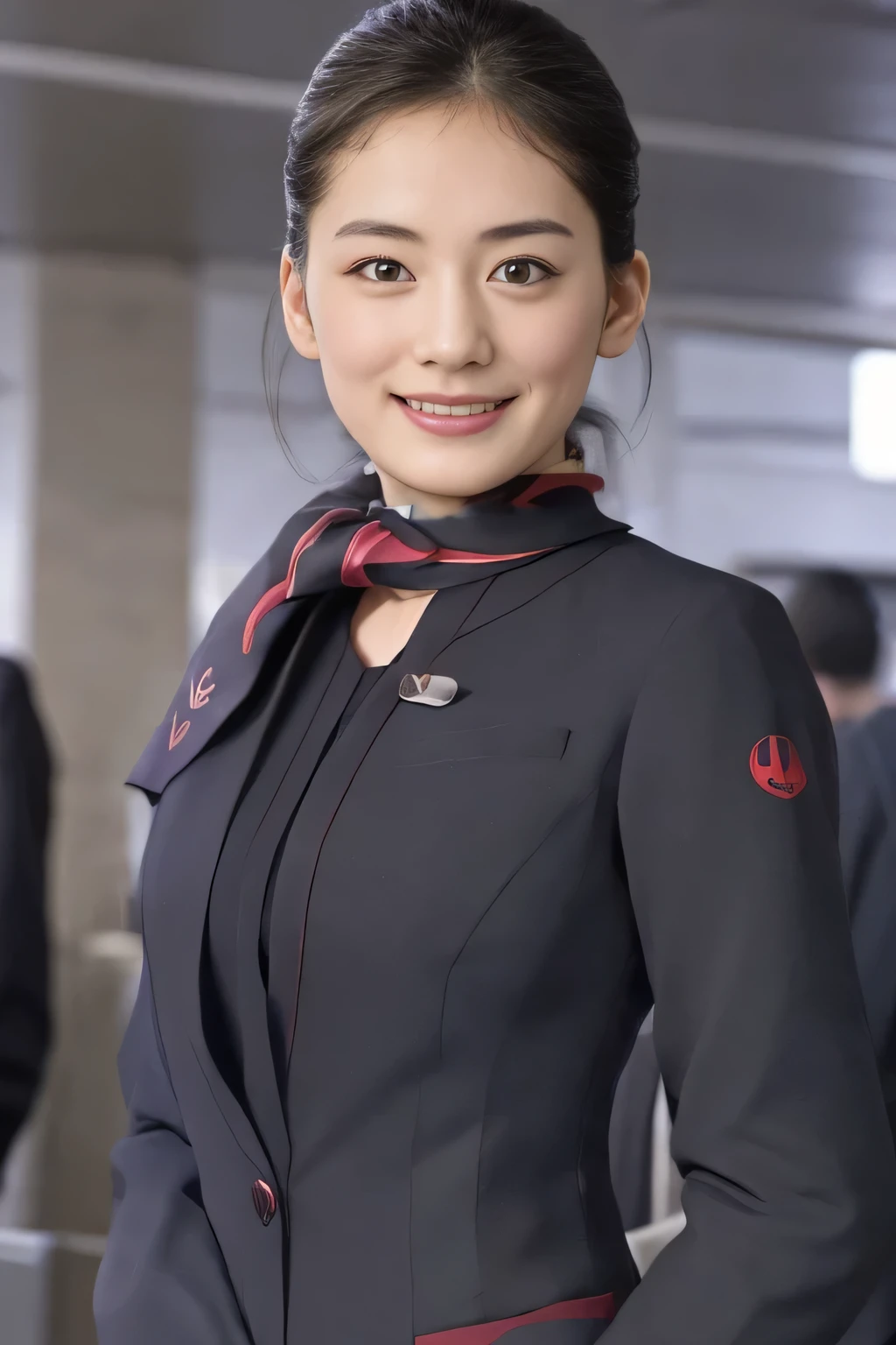 (masterpiece:1.2、highest quality:1.2)、32K HDR、High resolution、(alone、1 girl、Slim figure)、（A realistic style wearing the JAL cabincrew uniform）、 (At the airport counter, Professional Lighting)、A proper woman, Beautiful Face,、（Black JAL cabincrew uniform）、（Long sleeve JAL cabin crew uniform）、（Scarf around the neck）、Big Breasts、（Long hair updo、Chignon）、Dark brown hair、Long Shot、（（Fine hand：2.0））、（（Harmonious body proportions：1.5））、（（Normal limbs：2.0））、（（Normal finger：2.0））、（（Delicate eyes：2.0））、（（Normal eyes：2.0））)、Beautiful standing posture、smile