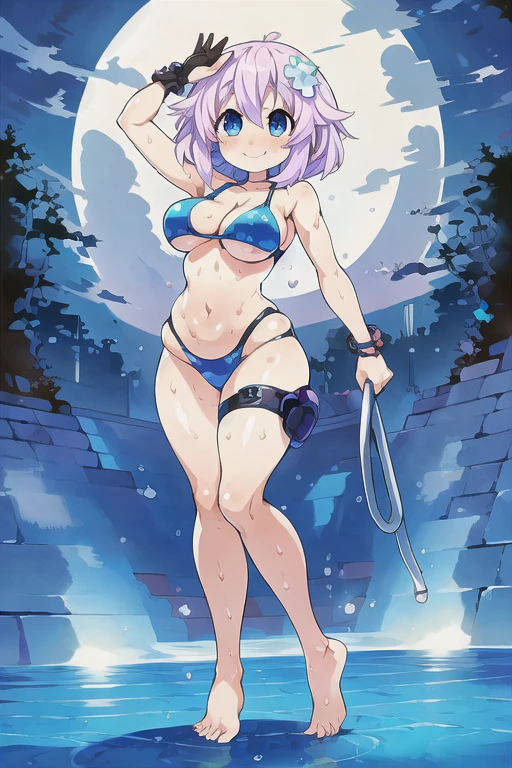 (((masterpiece))), ((highest quality)), ((Very detailed)), ((High resolution)), ((8k)), ((Anatomically correct)), One Woman, Short Hair, (he is short), Very cute woman, delicate, Charming smile, Colored Hair, Bright Eyes, Big Eyes, Best moment, Vivid eyes, Beautiful Skin, Cute face, delicateな腕, Detailed skin texture, Intricate details, Very detailedな顔, Beautiful Eyes, Beautiful curves, View your viewers, Beautiful thighs, Sweating, I can see my belly button, Wear colorful swimwear, Pool at night, barefoot, The moon in the background, A big smile, Model standing, Beautiful standing posture,