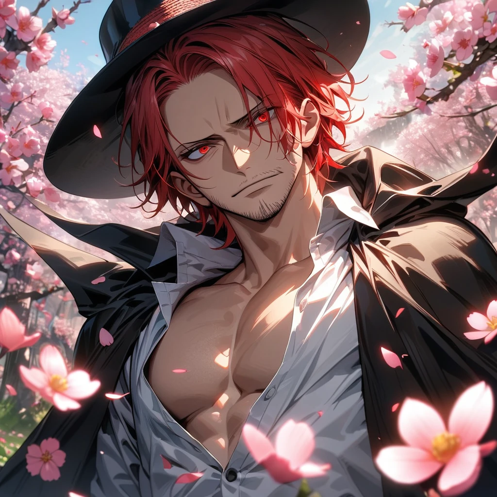 absurdres, highres, ultra detailed, HDR, masterpiece, extremely detailed face and eyes, Shanks, red hair, expressive red eyes, One Piece, solo, man, handsome, black cape, white shirt, showing the chest, blossoms, spring, pink butterflies, pink petals, pink flowers