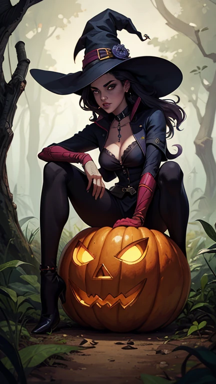obra de arte, melhor qualidade, (papel de parede extremamente detalhado da unidade CG 8k), (melhor qualidade), (best illustration), (melhor sombra), absurdos, Realistic lighting, (Abismo), lindo brilho detalhado, arte de PeterMohrBacher,witch sitting on a pumpkin in a scary forest at night, Vampiroire girl, zenoscope, J.. Scott Campbell, J. Scott Campbell, carmilla Vampiroire, capa de quadrinhos art, Vampiro, Vampiroire, arte detalhada assustadora em cores, dia das Bruxas art style, by Inacio Zuloaga, dia das Bruxas, capa de quadrinhos, ilustrativo, colorful digital illustration, colorful illustration
