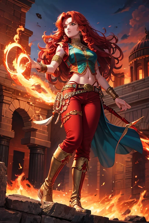 Merida 18 year old girl long curly redhead hair djinn clothing red top with open sleeveless vest copper red vest with silver Arabic print red Arabic pants golden belt djinn bracelet with red gems rubies brown boots red phosphorescent tattoos surrounded by fire and red smoke on a background of arab ruins