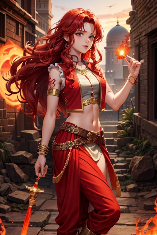 Merida 18 year old girl long curly redhead hair djinn clothing red top with open sleeveless vest copper red vest with silver Arabic print red Arabic pants golden belt djinn bracelet with red gems rubies brown boots red phosphorescent tattoos surrounded by fire and red smoke on a background of arab ruins