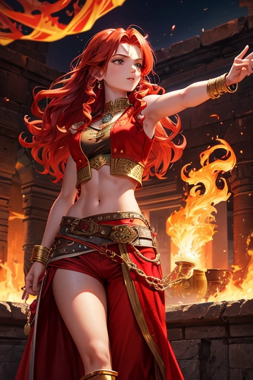  Merida 18 year old girl long curly redhead hair djinn clothing red top with open sleeveless vest copper red vest with silver Arabic print red Arabic pants golden belt djinn bracelet with red gems rubies brown boots red phosphorescent tattoos surrounded by fire and red smoke on a background of arab ruins