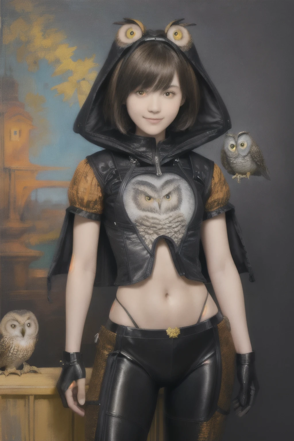 224 Short Hair, 20-year-old woman, A kind smile, (There are also colorful owls), (Rembrandt-style painting), ((machinery suit,Clothes with short sleeves)),I can see your abs