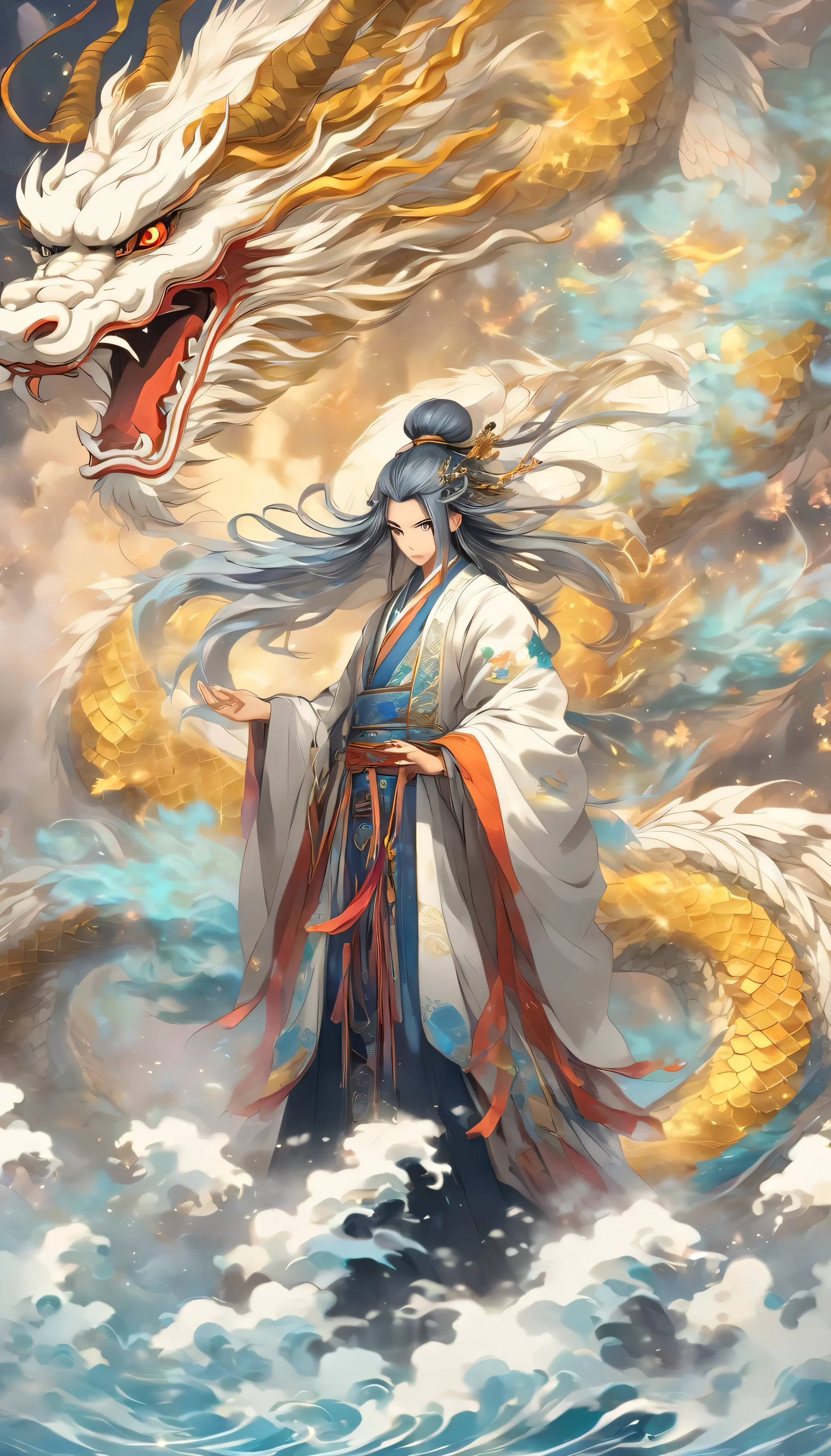 China-style，Medium shot ，Mechanical Taoist priest stands in front of a transparent dragon white and gold,with white and light blue clothes and purple hair, Reach out her hand，Hold the sword in his right hand, he faced the dragon，Long messy hair，glowing effect，hyper realisitc，ultra real photo，Chinese black and white ink style，Plata，decolorization，soiled，Inky，8K，ultradetailed，high high quality，Overclocked renderer