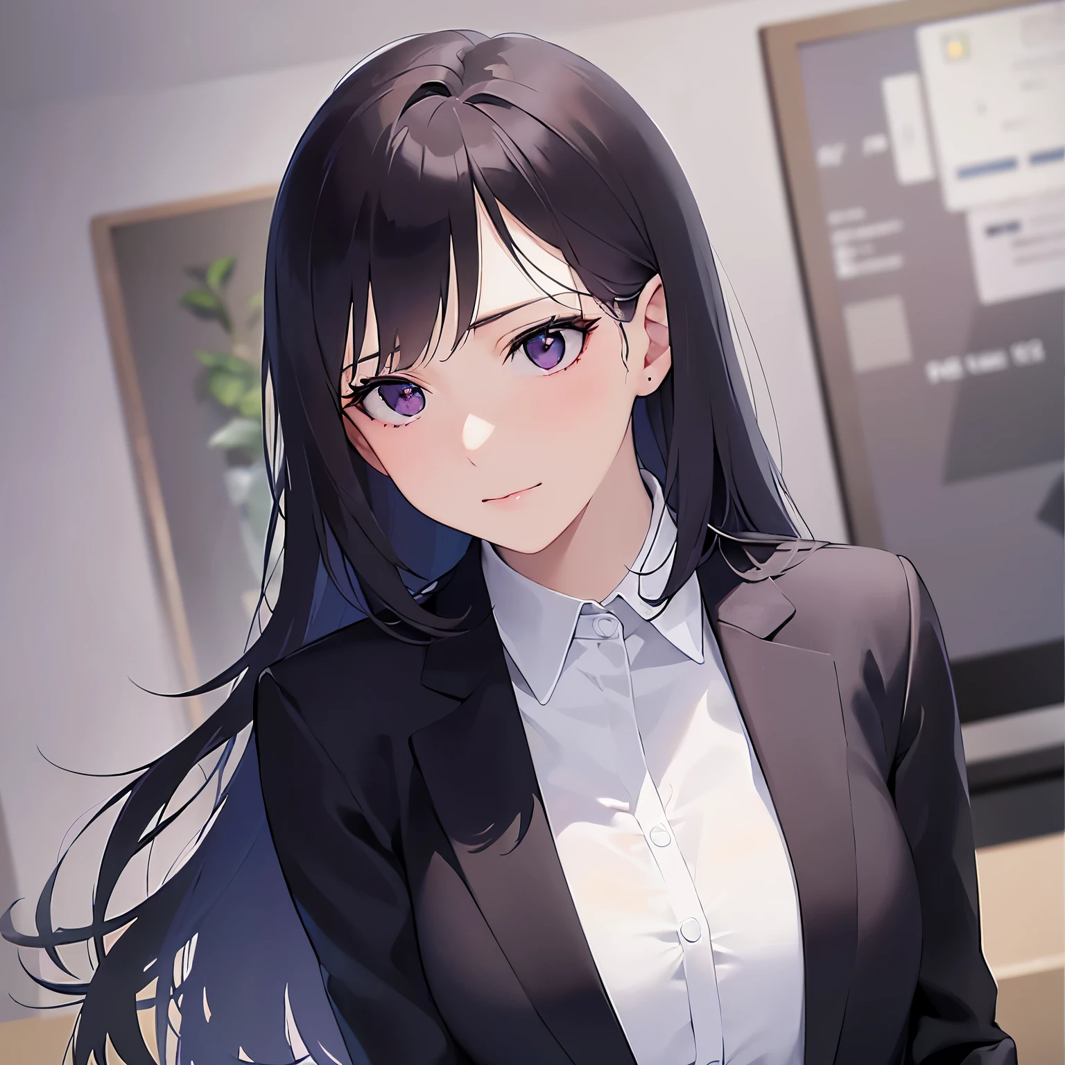 Placing hand on cheek, side angle, (looking away:1.5), Realistic, real person, (pale skin: 1.2), (RAW photo:1.5), photorealistic, shiny skin, shiny hair、(A 25-year-old woman with straight hair and bangs) and (medium hair) and (black hair) and (purple eyes) and (half eyes), business suit, smile, The background is an office conference room、alone、Are standing