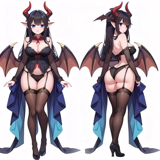 masterpiece, best quality, cute eyes, 1girl, solo, high fantasy costume, ((white background)), full body, multiple views, lingerie, succubus, dragon horn,