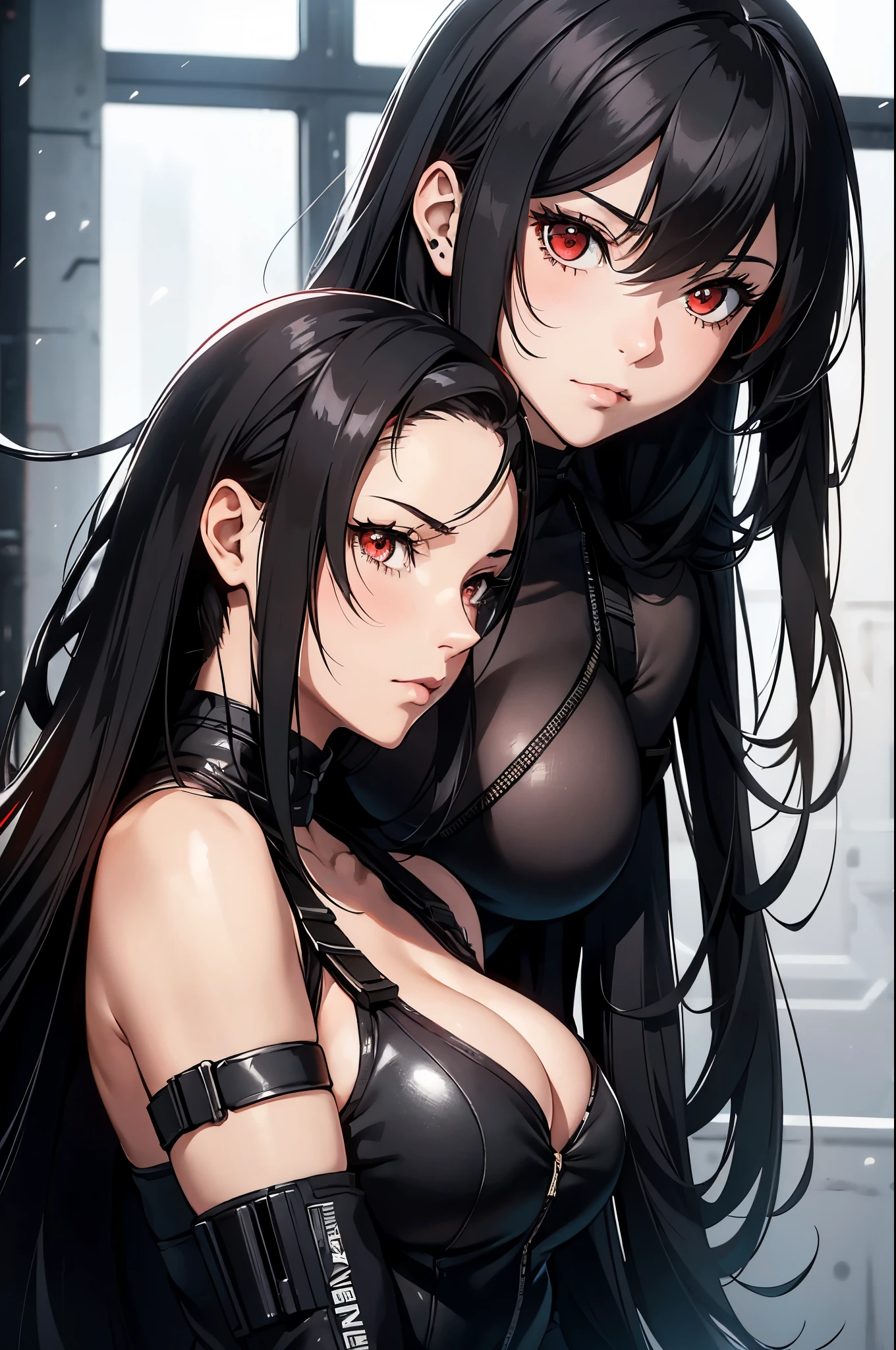 a close up of a young woman, light black long hair, red eyes, fine details, girls frontline, quiet from metal gear solid, from girls frontline, m4 sopmod ii girls frontline, quiet from metal gear solid v, tifa, kusanagi, soldier girl, female action anime girl